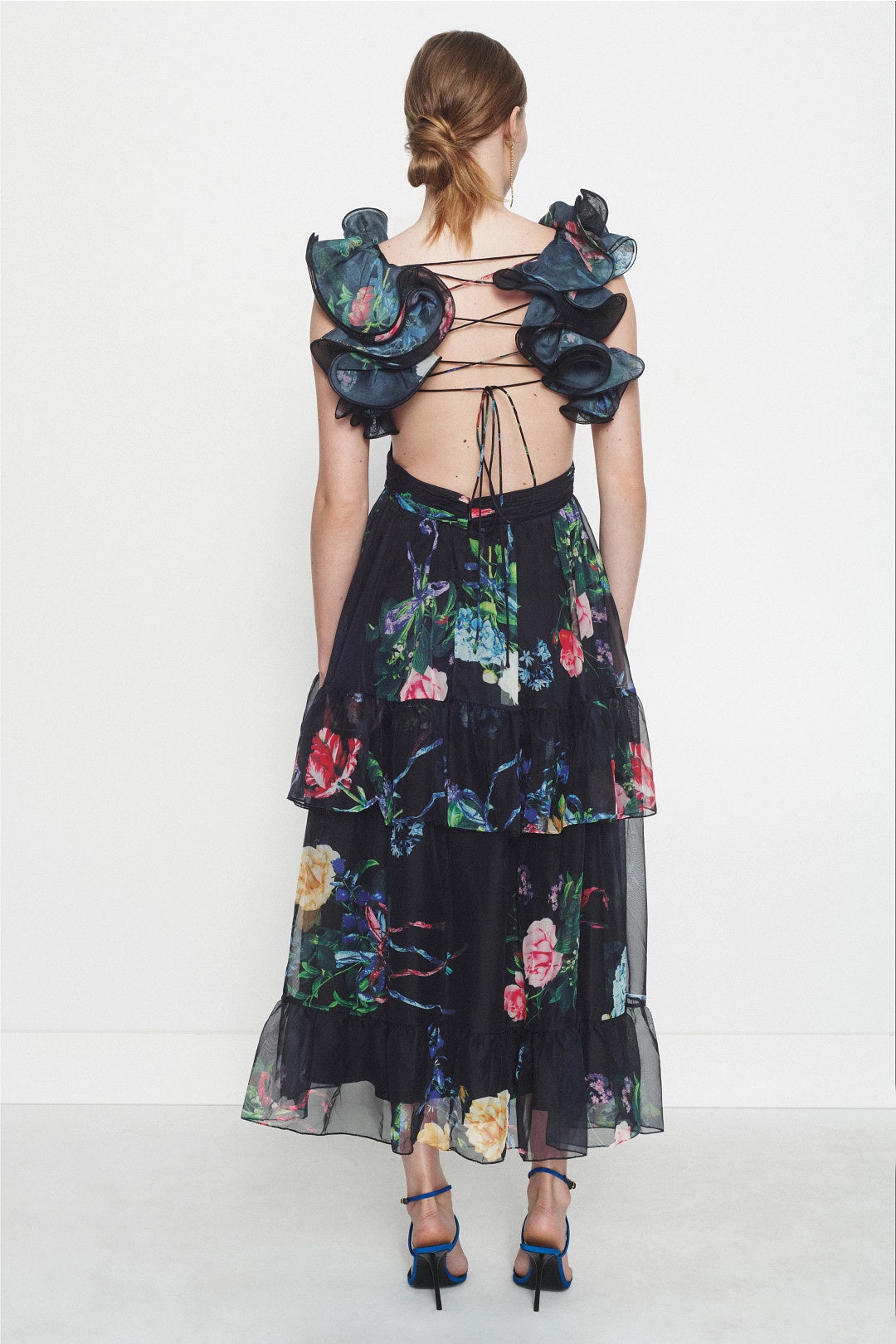 Black Ruffle Tiered Floral Cut-Out Chiffon Dress