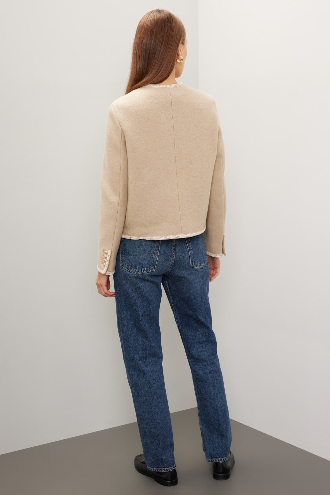 ジャケット ETMON Pocket Boucle Tweed Jacket, Beige Handmade Tweed Boucle Light Beige Jacket With Metallic Trim