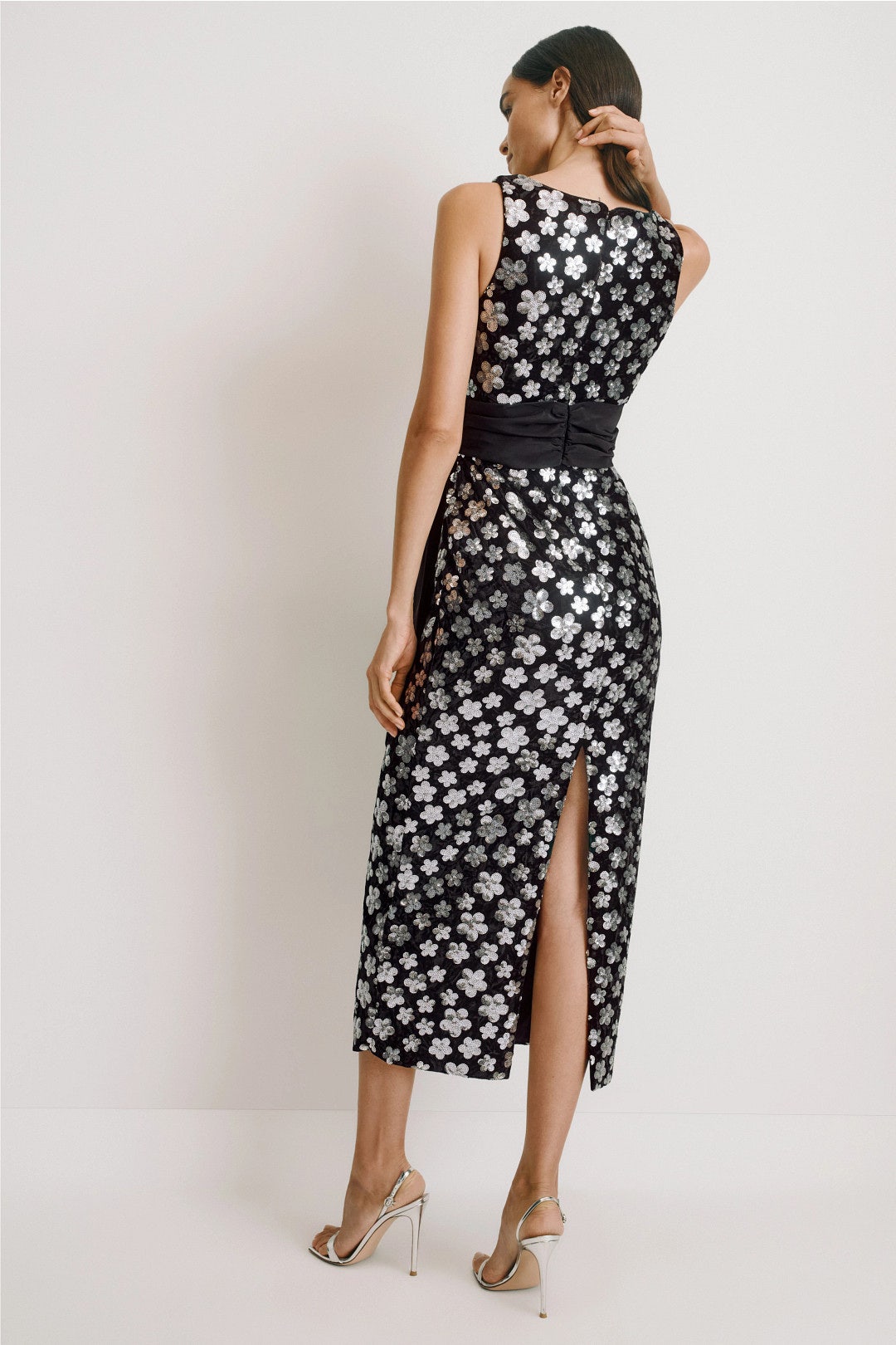 Velvet Sequin Column Ankle Dress With Bow