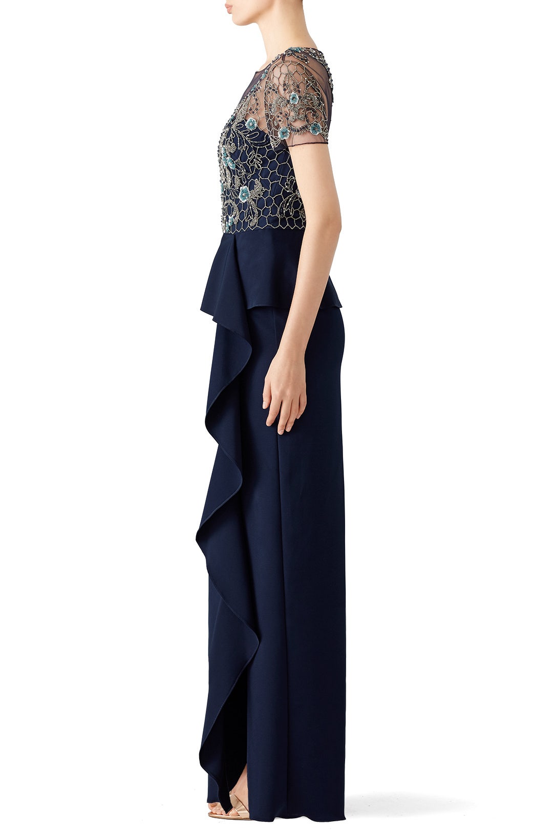 Navy Lace Ruffle Gown by Marchesa Notte 2