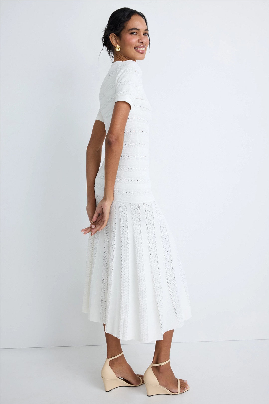 knee length dresses for ladies White Eyelet Short Sleeve Midi Dress – Ah Là Laà Lifestyle Boutique