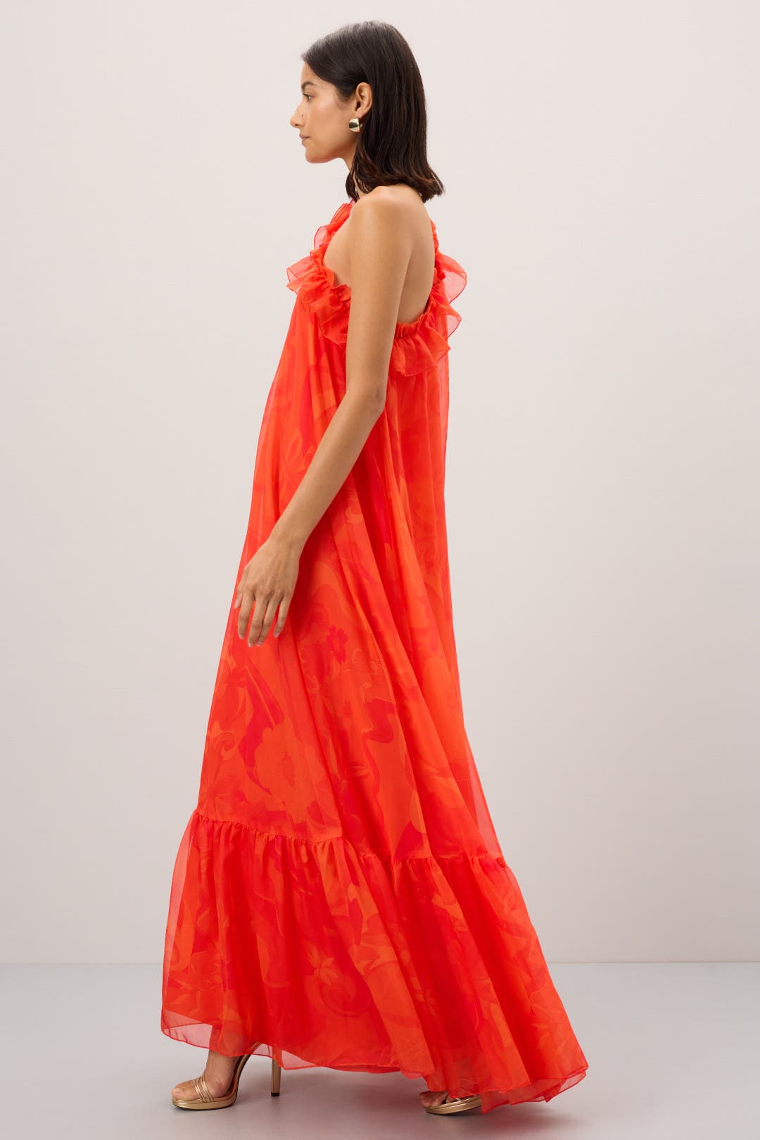 MAC DUGGAL ホルターネックHi LowラッフルロングドレスRose High Neck Satin High Low Gown - Mac Duggal