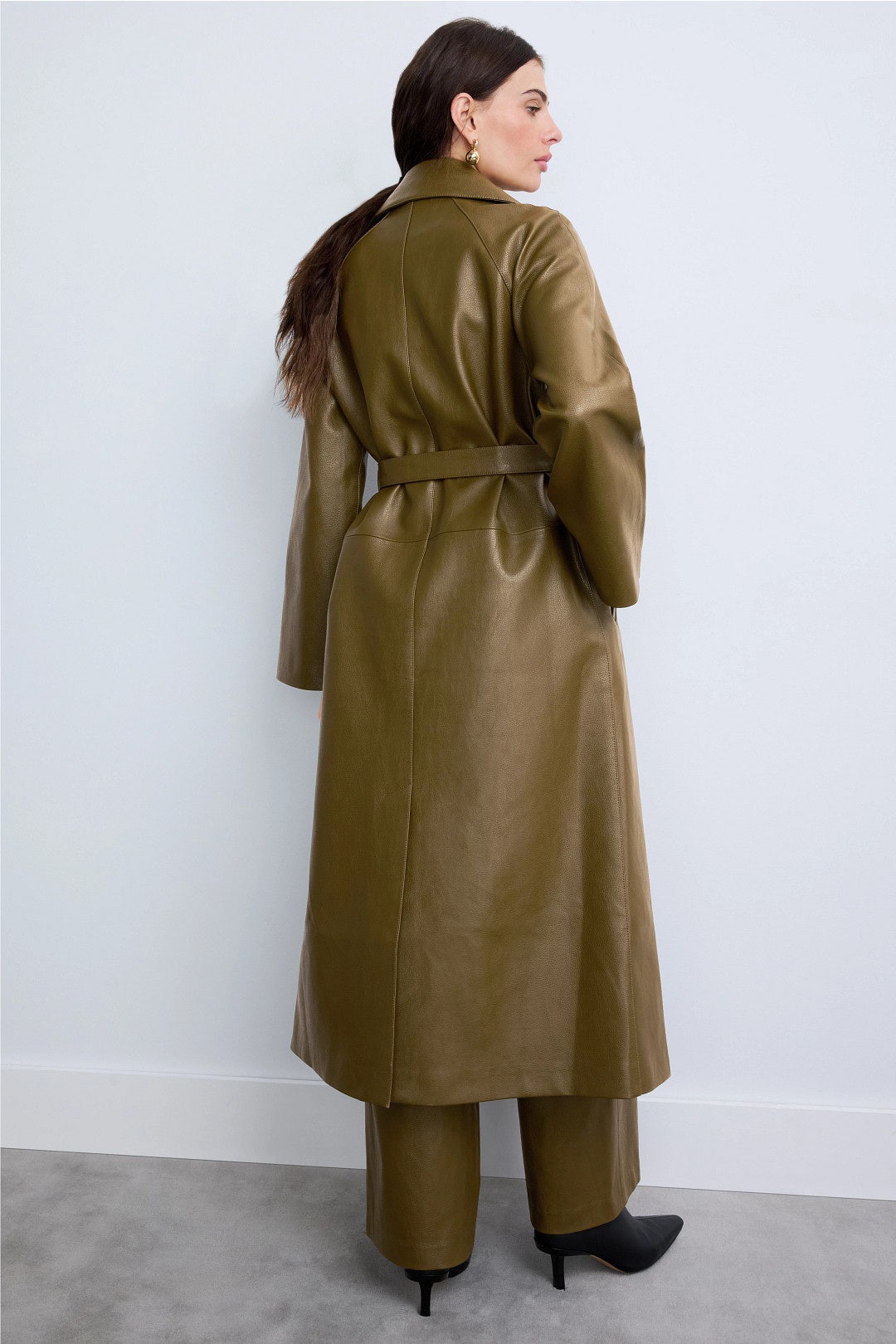 Grommet Belted Faux Leather Trench Coat