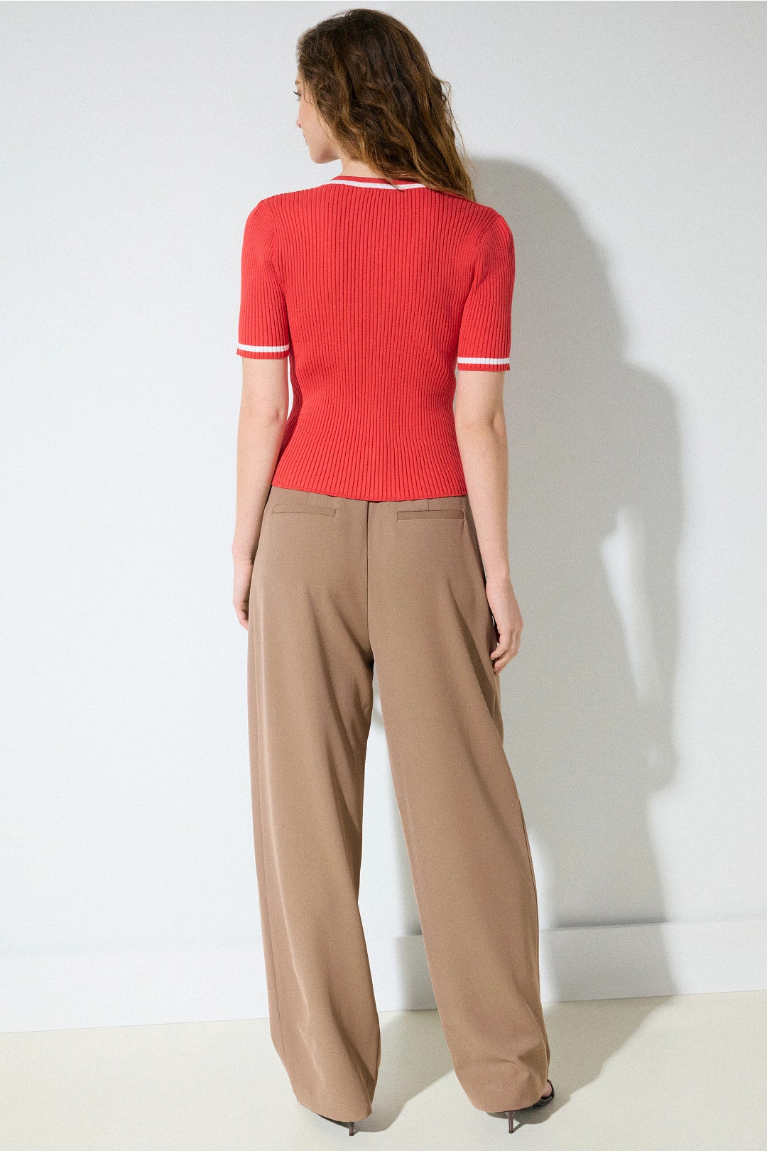 Red V-Neck Short Sleeve Cardigan by Toccin 1