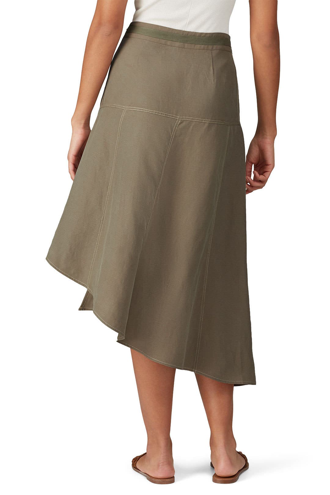 Khaki Asymmetric Midi Skirt by Chelsea and Walker | Rent the Khaki Asymmetric Midi Skirt by Chelsea and Walker | Rent the