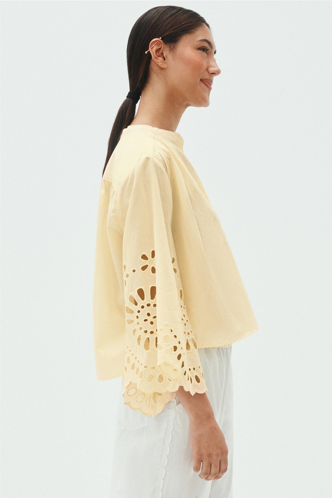 Button Front Laser Cut Blouse by Dress To 1