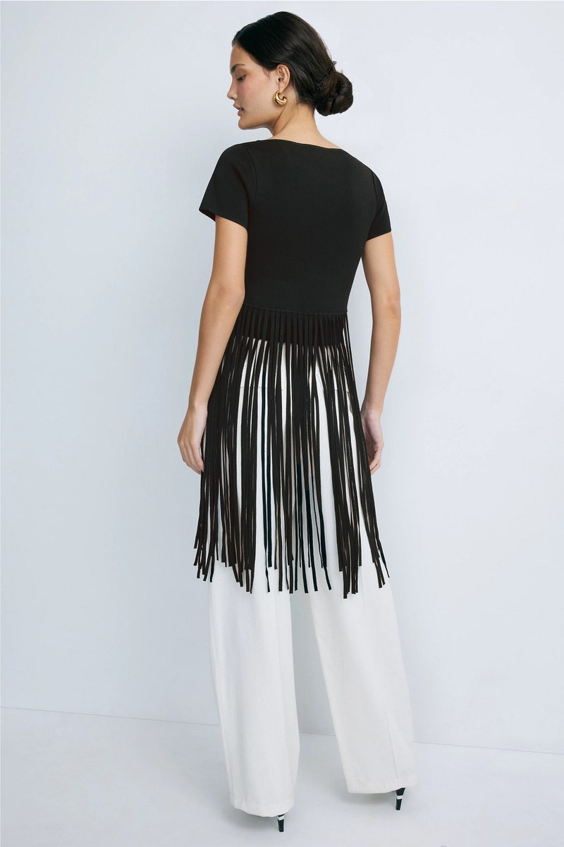 Fringe-Hem Short-Sleeve Knit Top