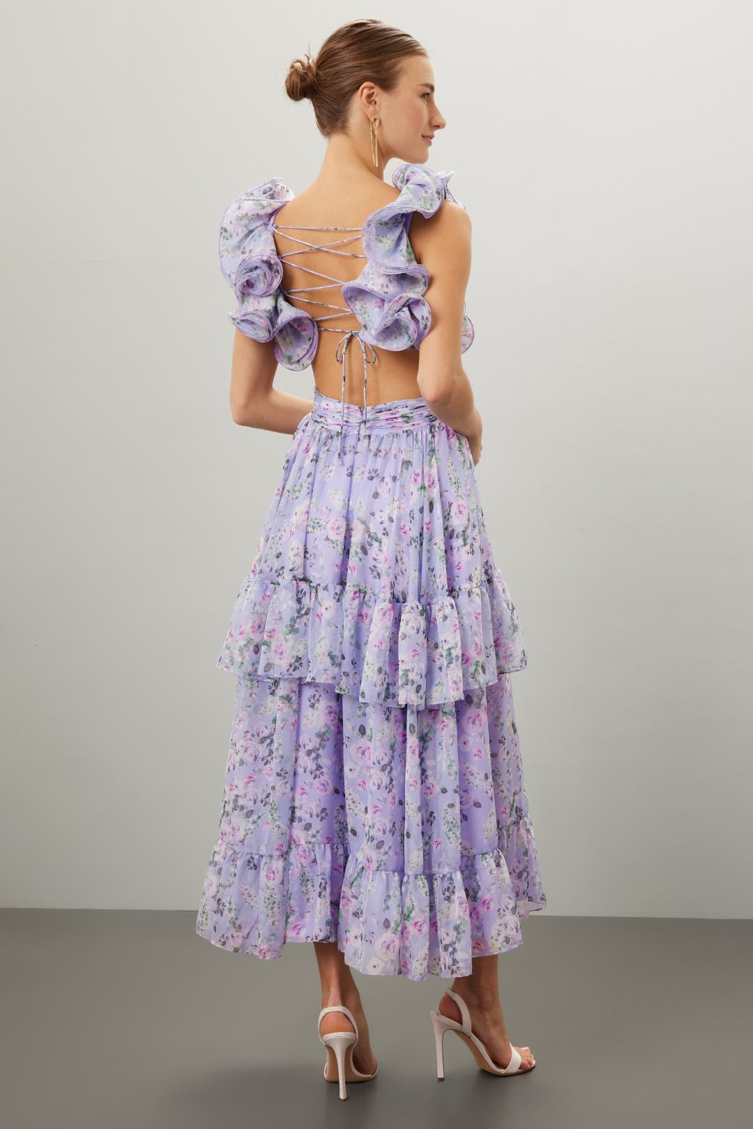 Ruffle Tiered Cut-Out Floral Chiffon Dress by Ieena for Mac