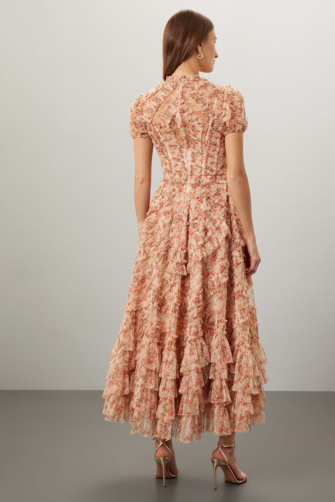 High Neck Floral Mesh Ruffle Dress by Ieena for Mac Duggal 2