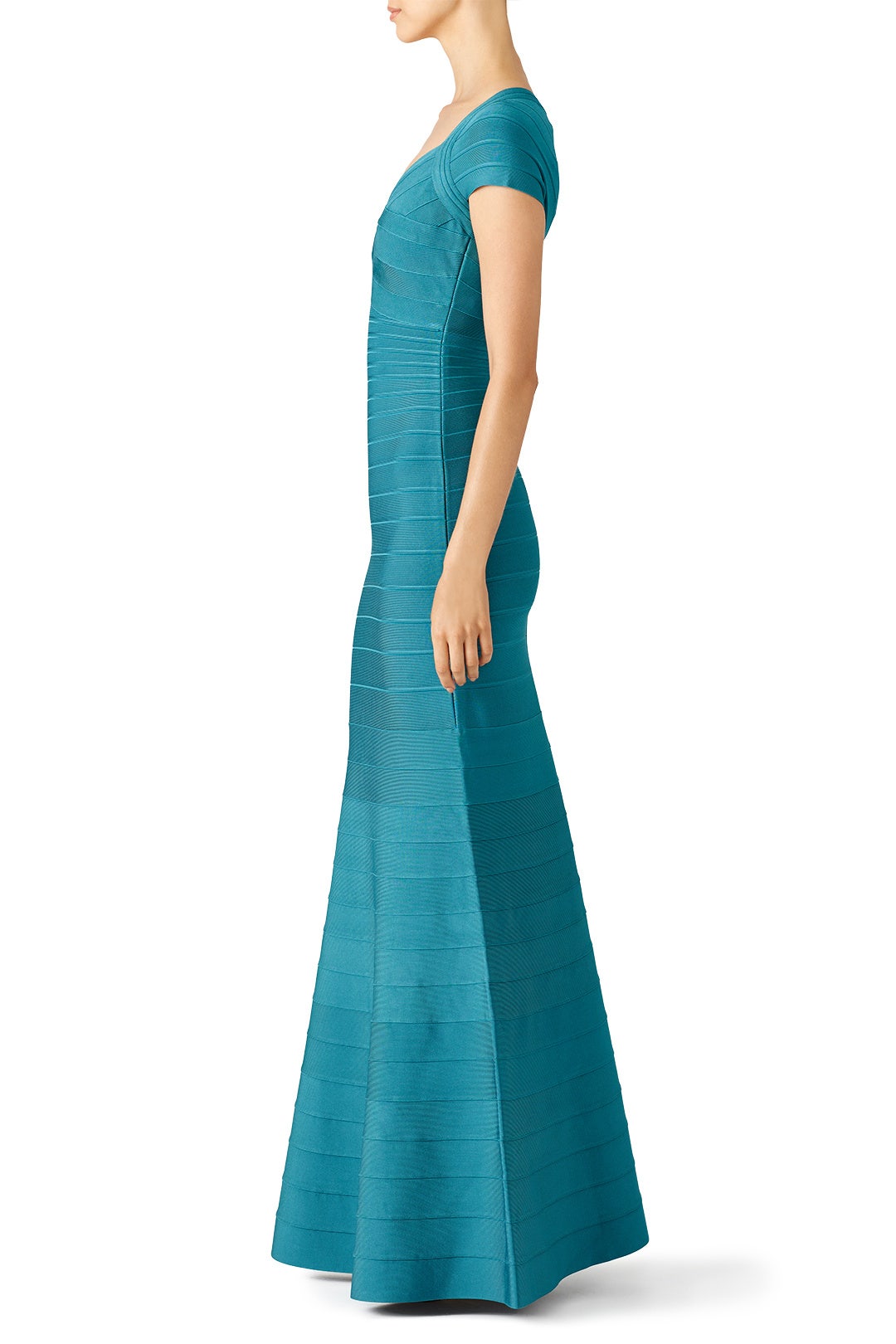 Teal Cap Sleeve Mermaid Gown by Hervé Léger 2