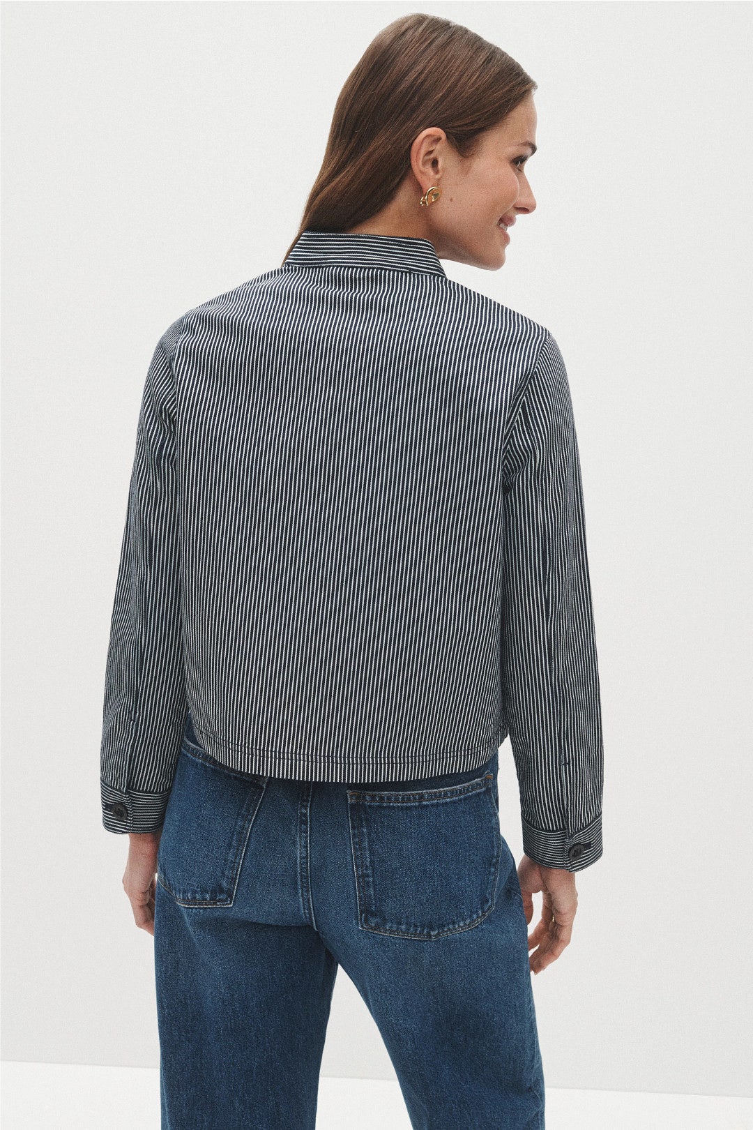 Short Pinstripe Button Up Chore Jacket by Ann Mashburn 2