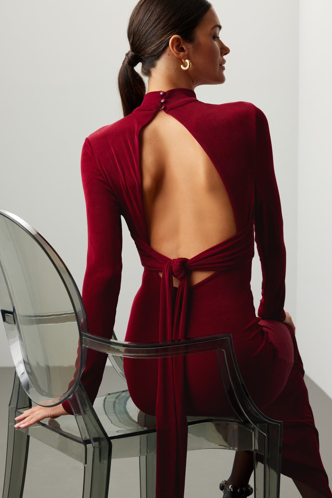 ワンピース andmary Roy velour set long dress S Satin and velvet fringed maxi dress with voluminous sleeves