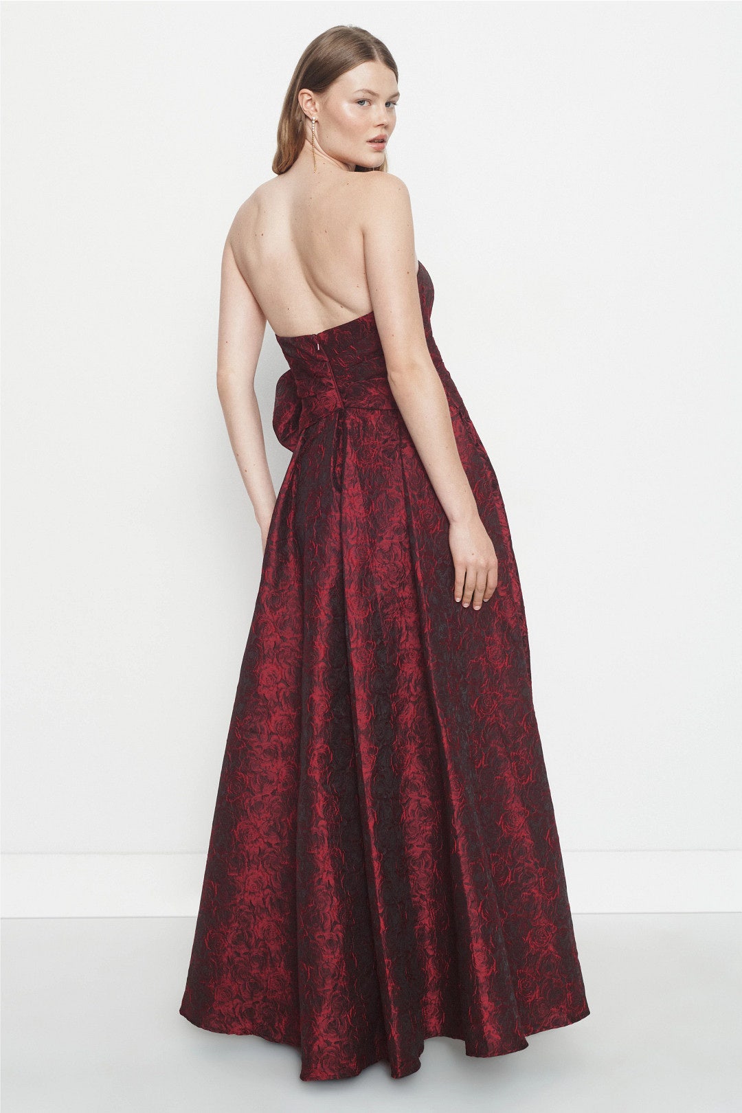 Floral Brocade Strapless Gown With Bow