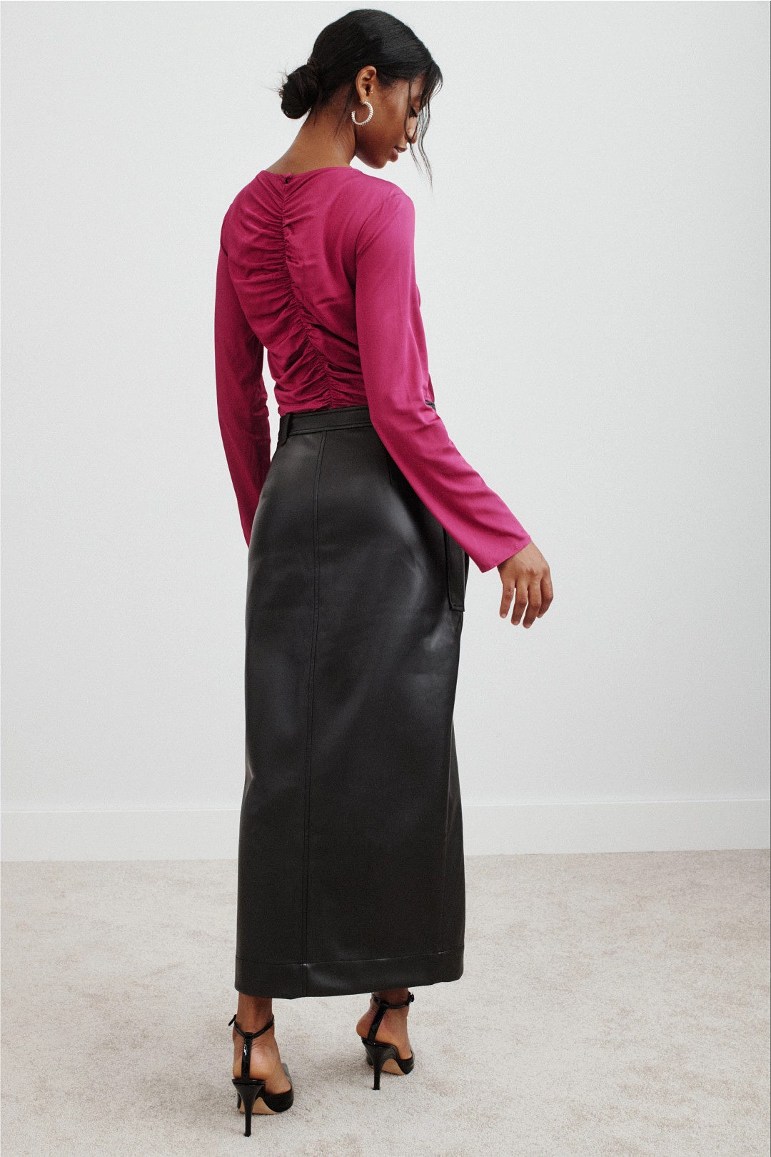Faux Leather Midi Column Skirt by Toccin 2