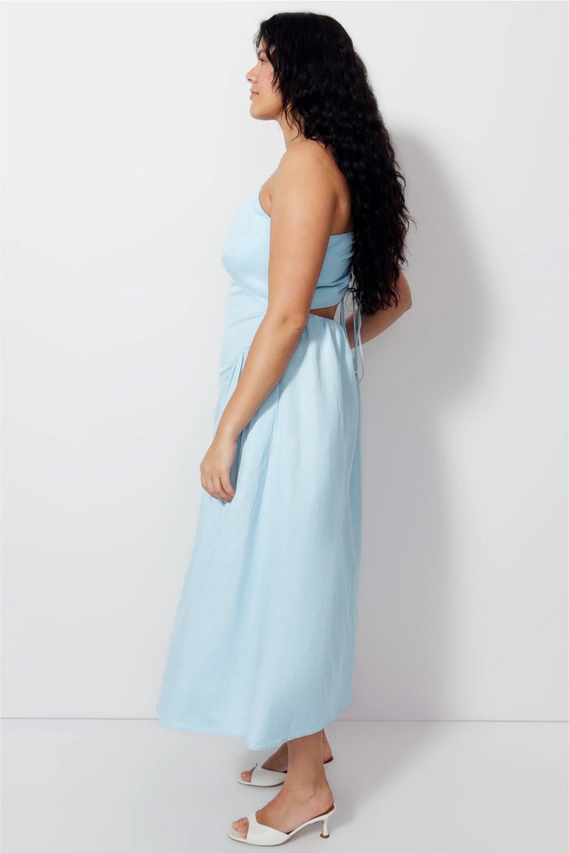 we wore what corset pleated linen midi dress WeWoreWhat Corset Midi Dress in Deep Storm Multi