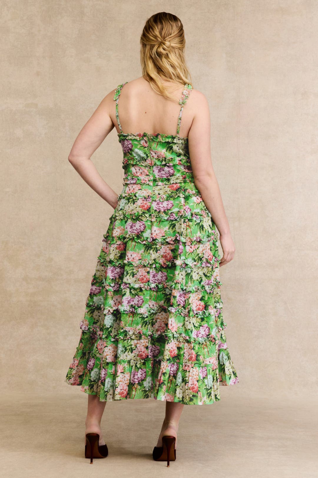 Ruffle Floral Sweetheart Neck Midi Dress by Ieena for Mac