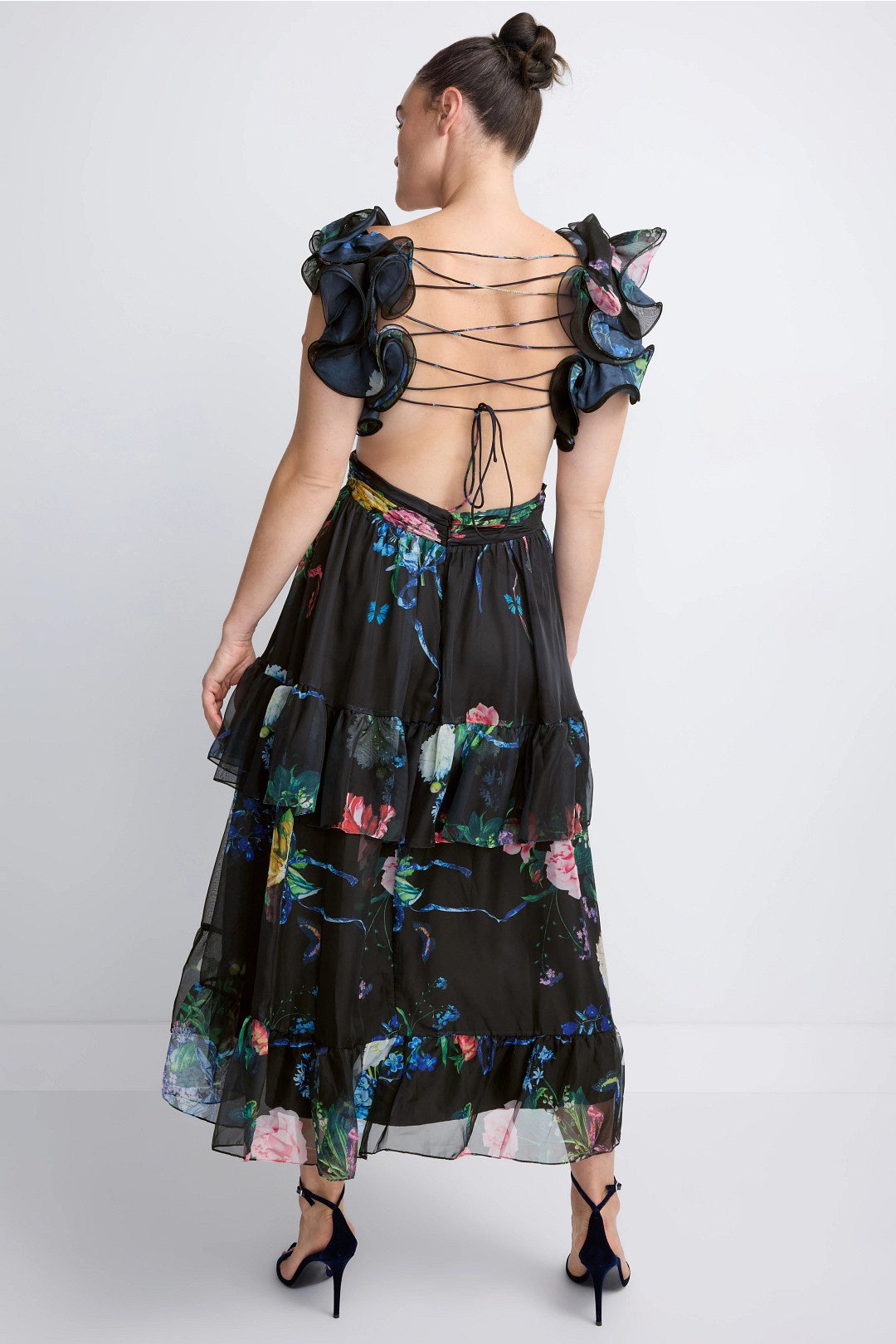 Black Ruffle Tiered Floral Cut-Out Chiffon Dress by Ieena for Mac Duggal 7