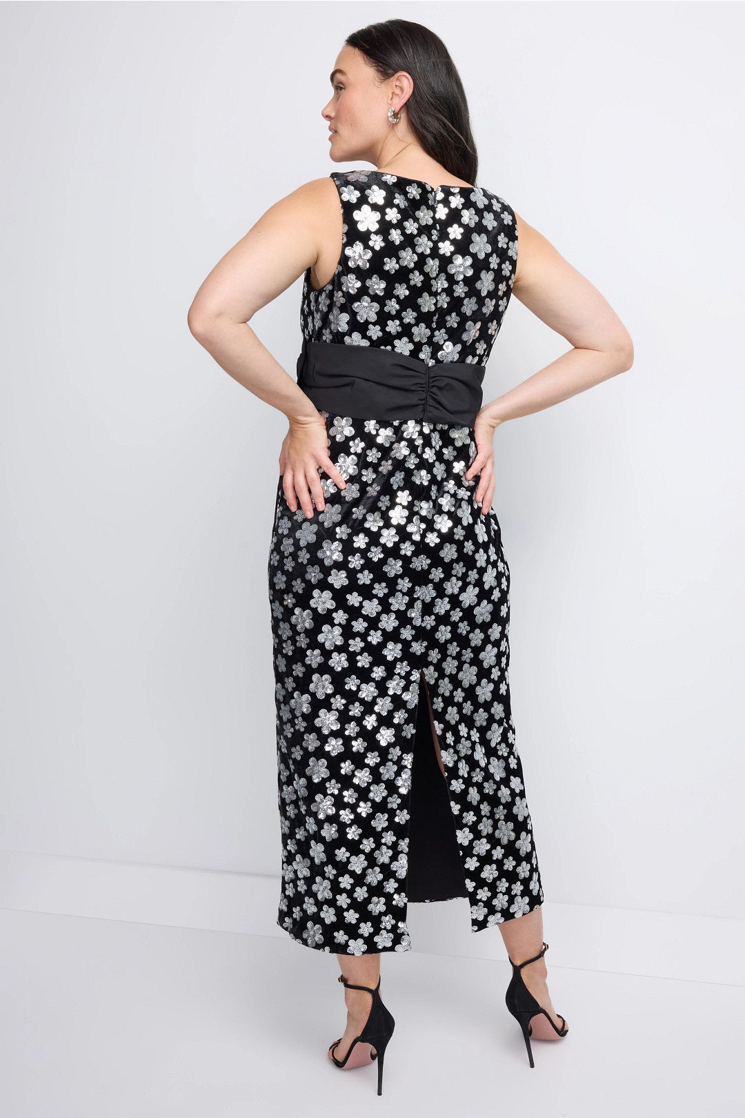 Velvet Sequin Column Ankle Dress With Bow by Ieena for Mac Duggal 7