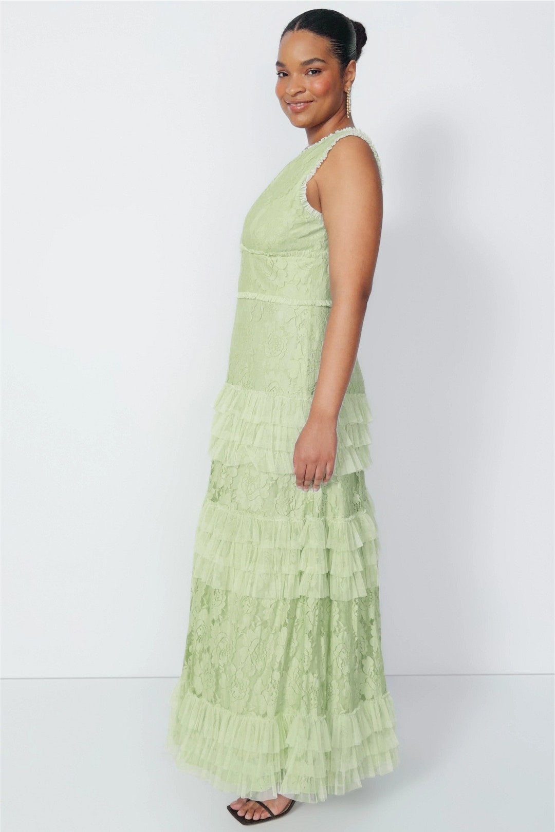ieena for mac duggal embroidered tiered dress Tiered Ruffle Gown