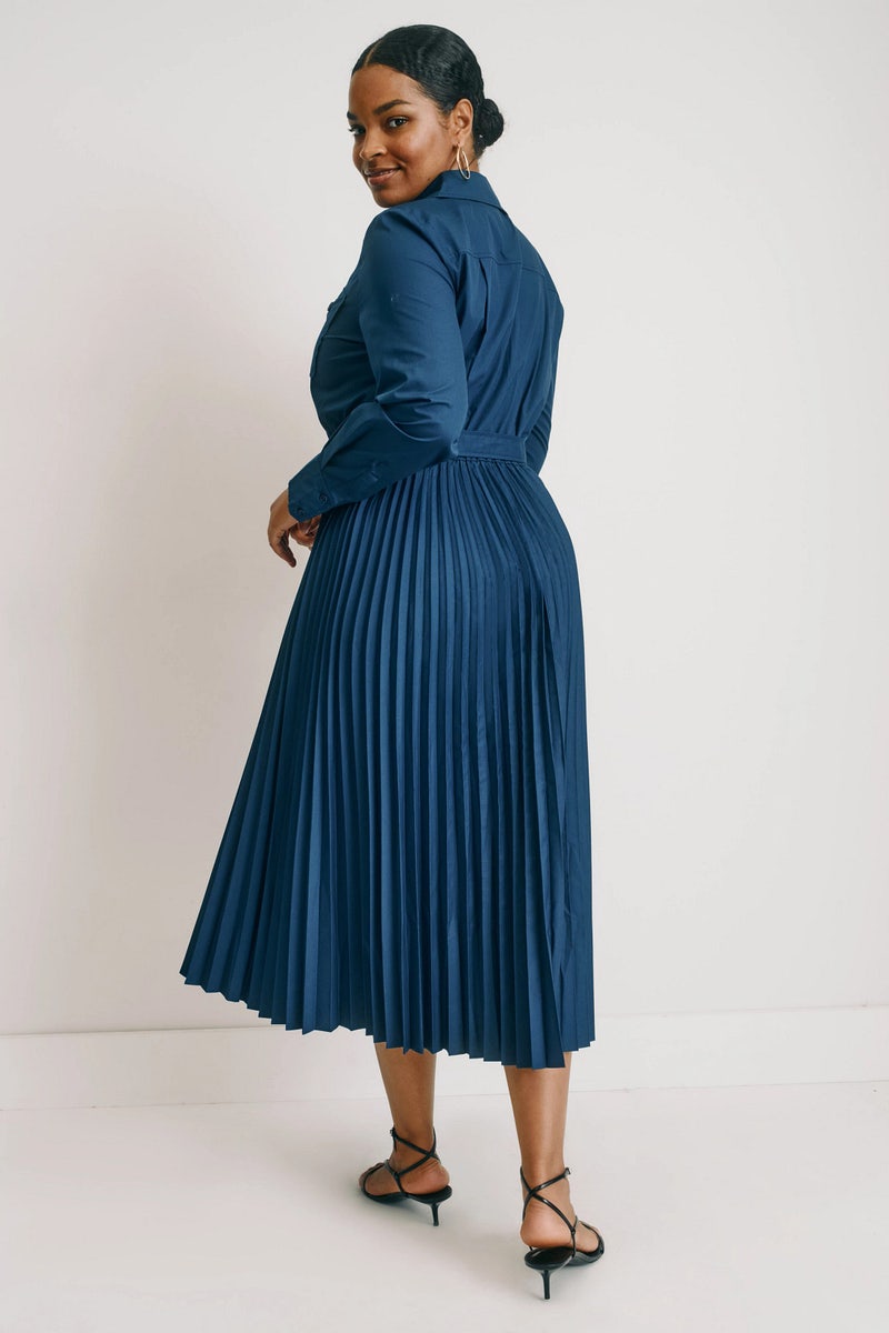 open lace back dress Haddy Pleated Midi Dress in Navy
