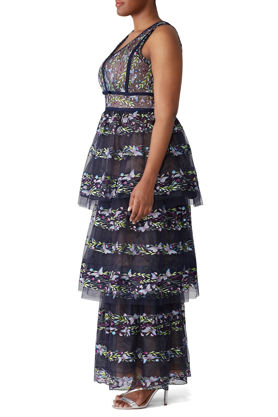 Navy Floral Tiered Gown by Marchesa Notte 6