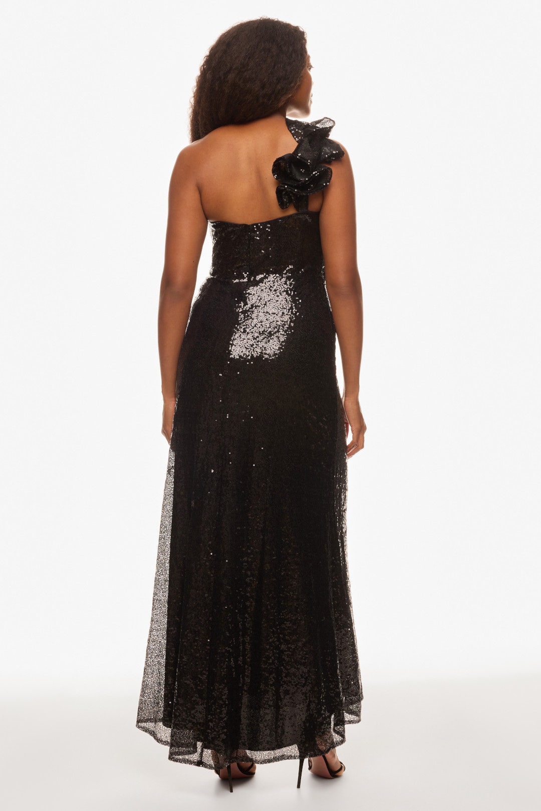 Sequin Ruffled One Shoulder Gown by Ieena for Mac Duggal 7