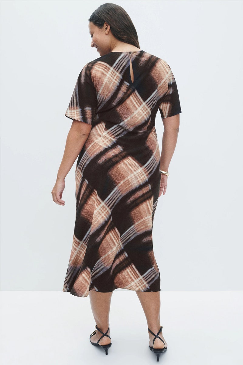 princess polly baby blue dress Anthropologie-Hutch Parker Short-Sleeve Belted Midi Dress in Brown Plaid main image 0