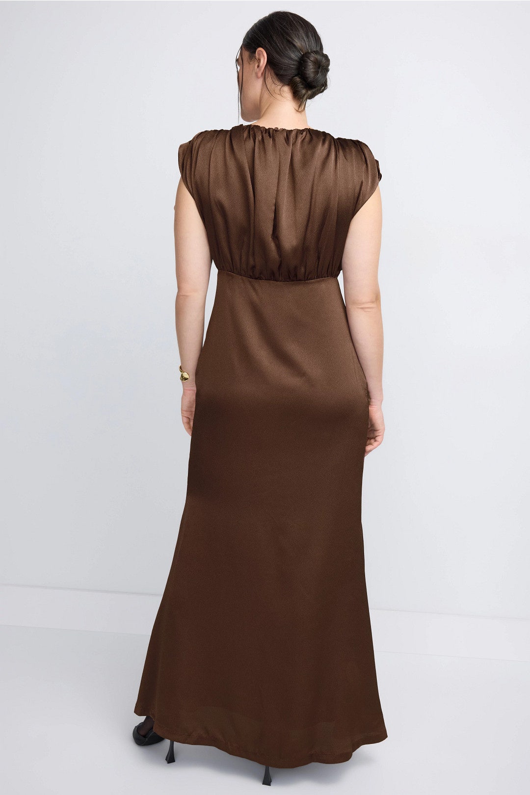 Brown Gathered Bust Gown by Jewel x Badgley Mischka 7