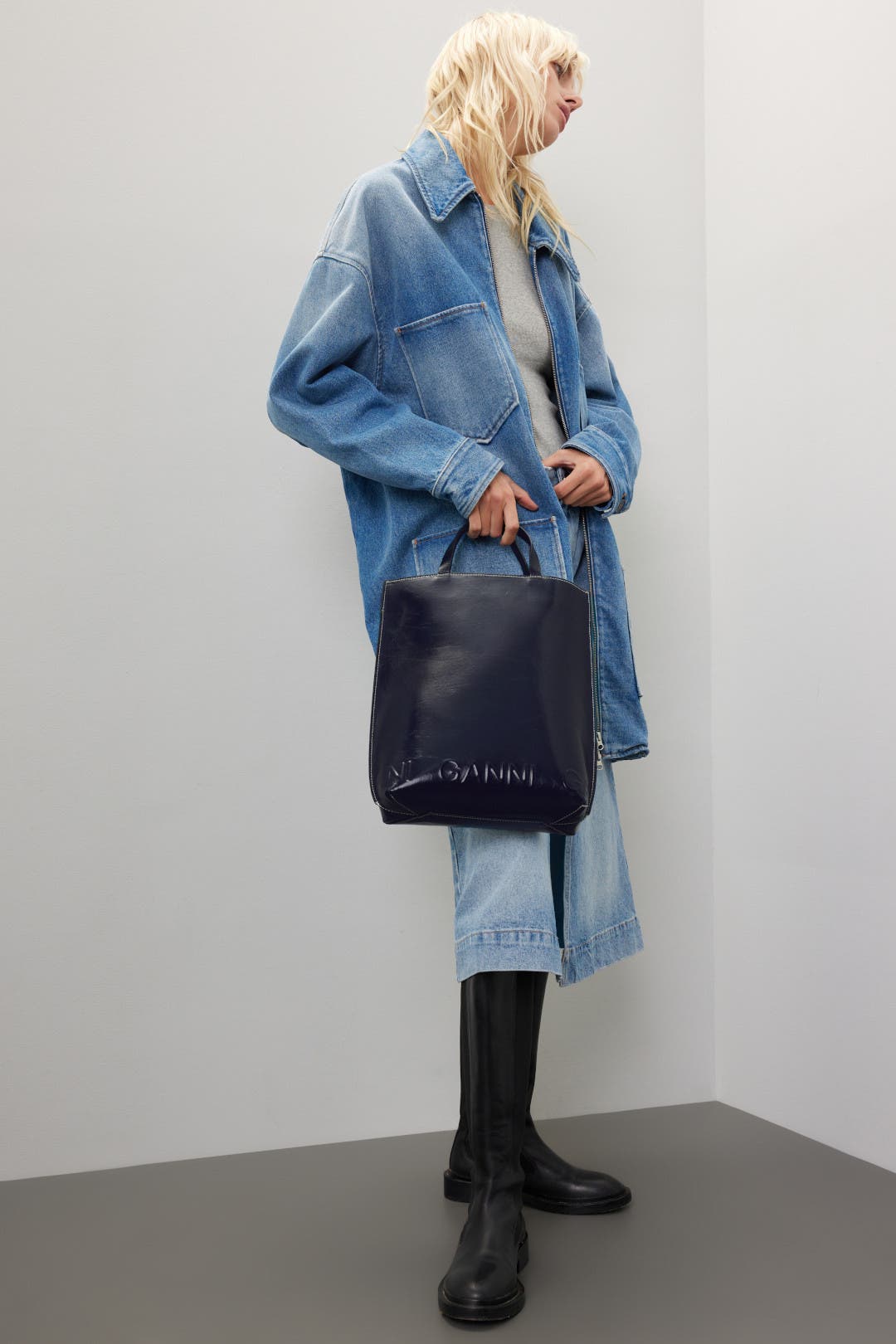 Navy Patent Banner Medium Tote by GANNI | Rent the Runway