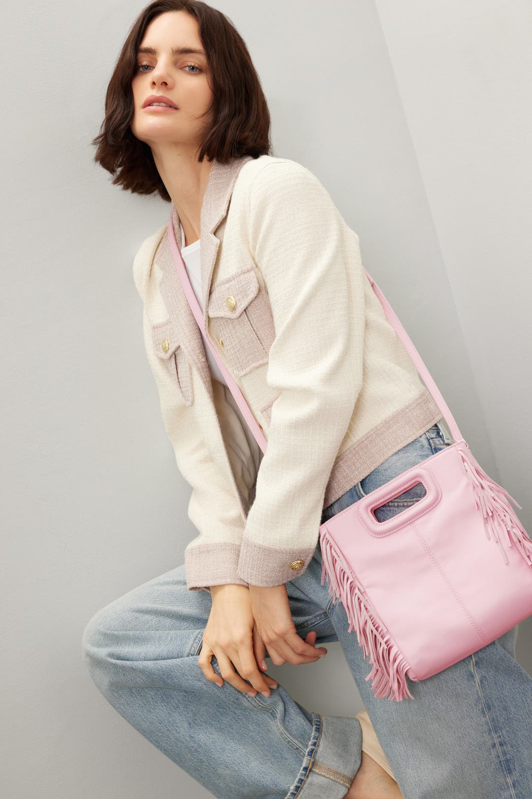 【MAJE】フリンジ付きスムースレザー Mバッグ - ピンク Smooth leather mini Miss M bag