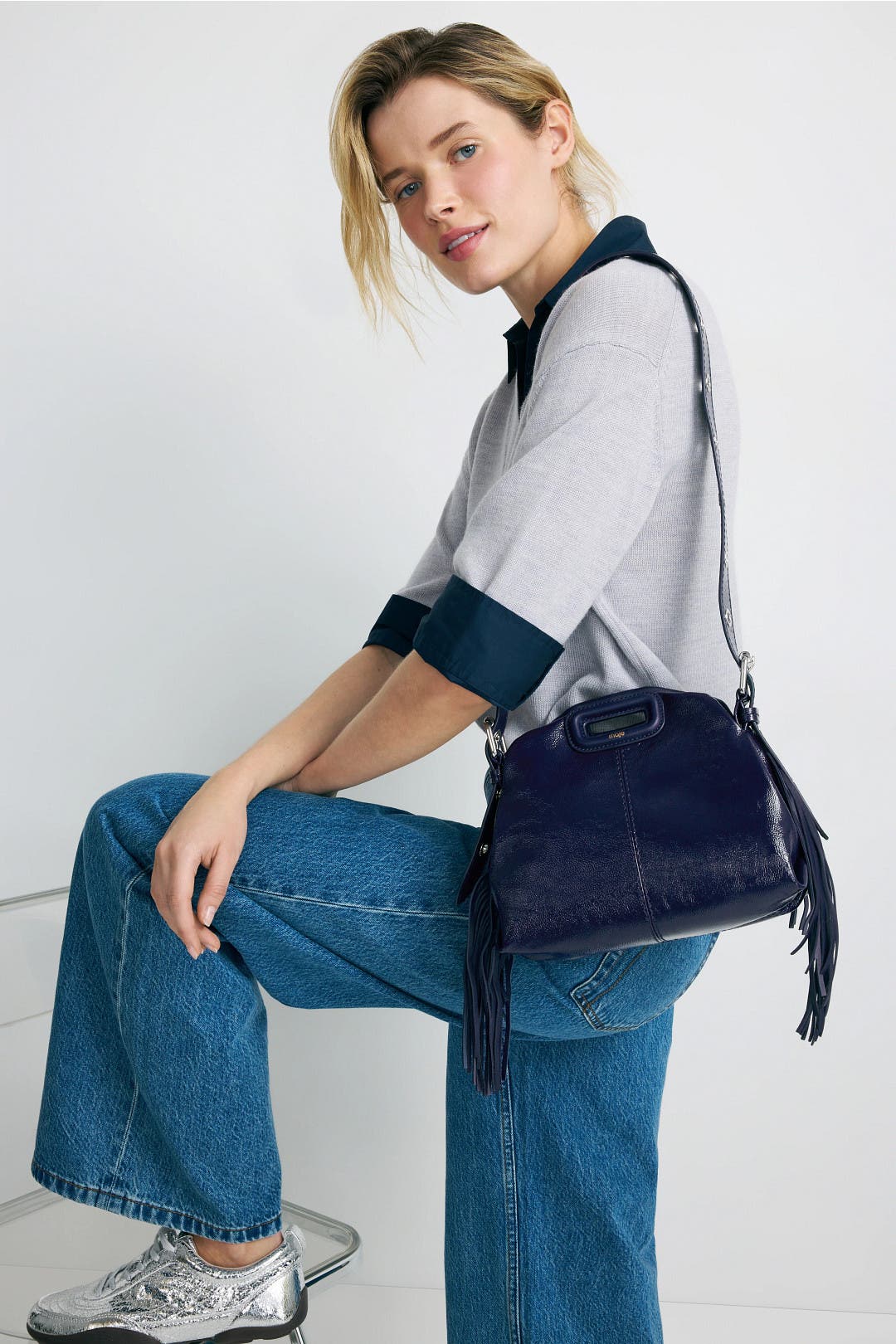 Miss M Navy Mini Crossbody by Maje | Rent the Runway