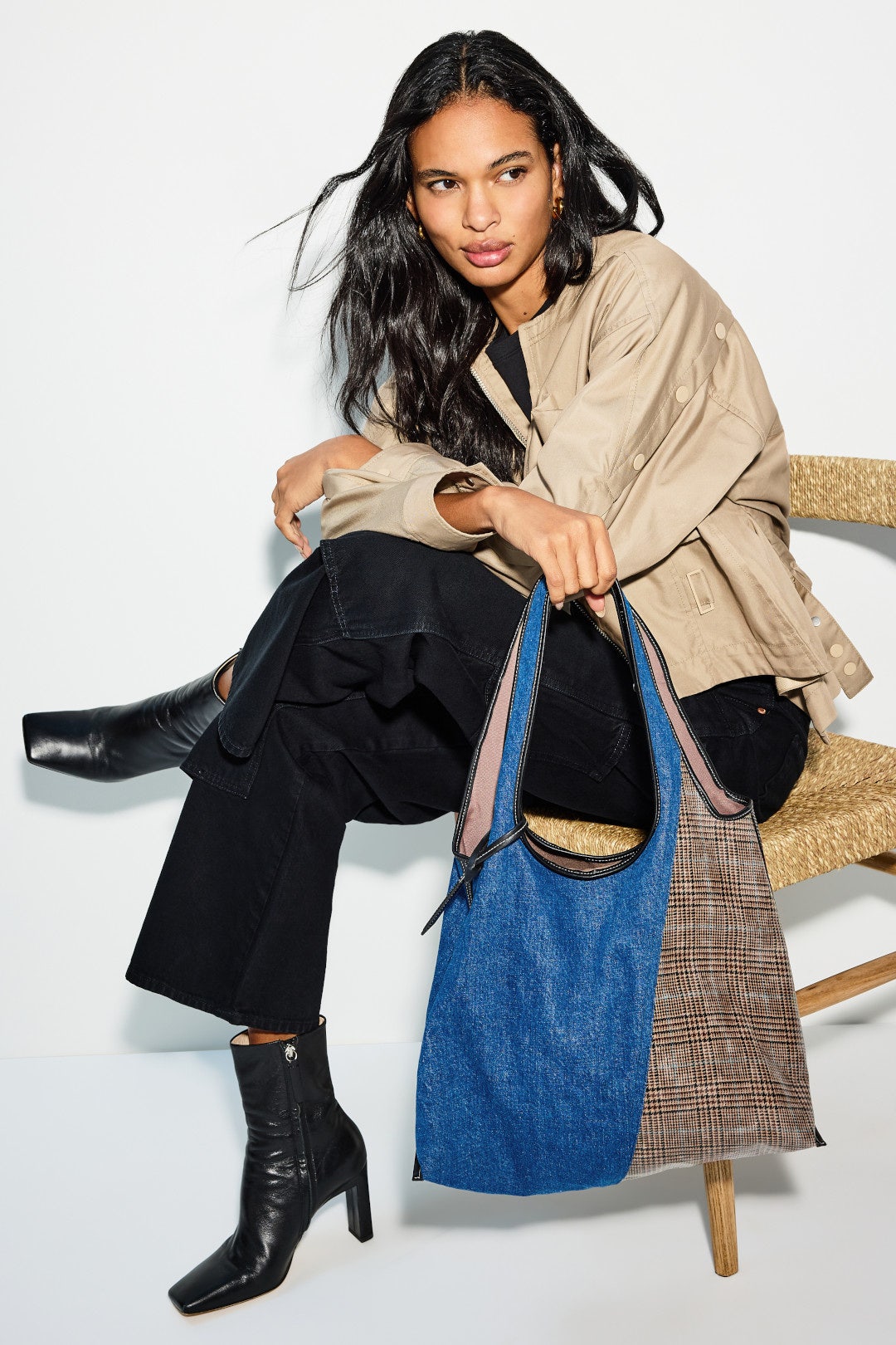 Denim Market Tote With Plaid Combo